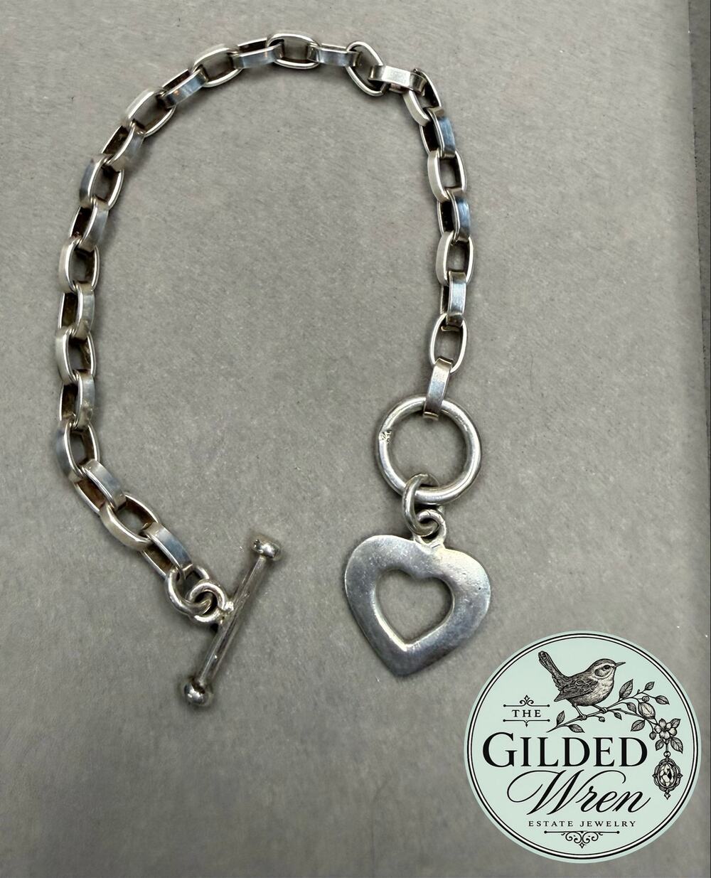 Silpada B0992 Sterling Silver Heart Charm Rolo Link Toggle Bracelet 7.5”